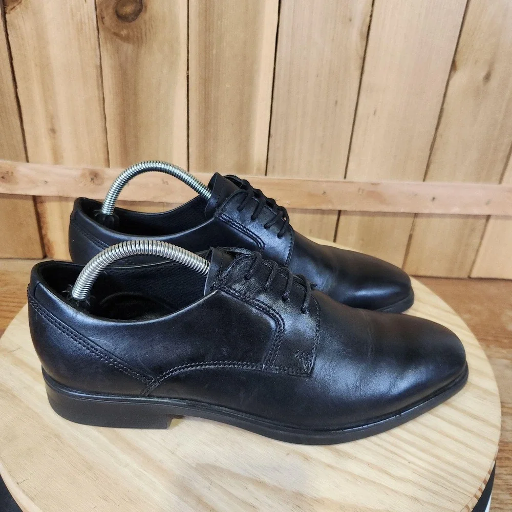 ECCO Queenstown Plain Toe Derby Shoes Mens 7.5 41 EU Black Leather Dress Comfort